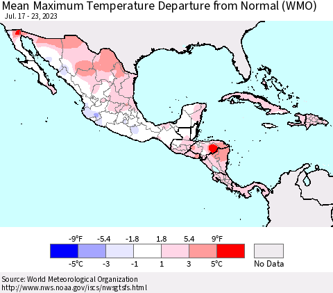 Mexico Central America and the Caribbean Mean Maximum Temperature Departure from Normal (WMO) Thematic Map For 7/17/2023 - 7/23/2023