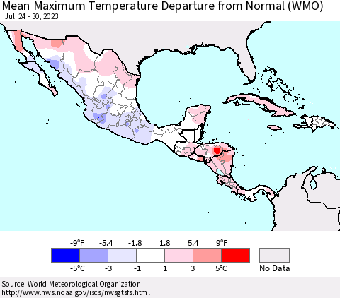 Mexico Central America and the Caribbean Mean Maximum Temperature Departure from Normal (WMO) Thematic Map For 7/24/2023 - 7/30/2023