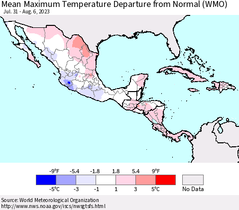 Mexico Central America and the Caribbean Mean Maximum Temperature Departure from Normal (WMO) Thematic Map For 7/31/2023 - 8/6/2023