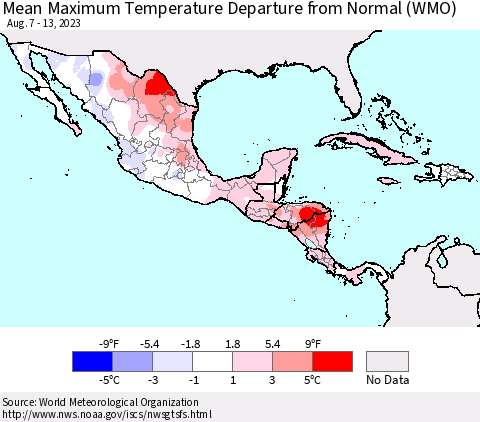 Mexico Central America and the Caribbean Mean Maximum Temperature Departure from Normal (WMO) Thematic Map For 8/7/2023 - 8/13/2023