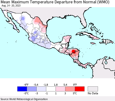 Mexico Central America and the Caribbean Mean Maximum Temperature Departure from Normal (WMO) Thematic Map For 8/14/2023 - 8/20/2023