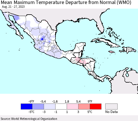 Mexico Central America and the Caribbean Mean Maximum Temperature Departure from Normal (WMO) Thematic Map For 8/21/2023 - 8/27/2023