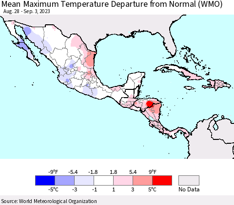 Mexico Central America and the Caribbean Mean Maximum Temperature Departure from Normal (WMO) Thematic Map For 8/28/2023 - 9/3/2023