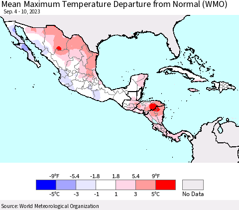 Mexico Central America and the Caribbean Mean Maximum Temperature Departure from Normal (WMO) Thematic Map For 9/4/2023 - 9/10/2023