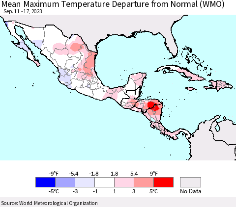 Mexico Central America and the Caribbean Mean Maximum Temperature Departure from Normal (WMO) Thematic Map For 9/11/2023 - 9/17/2023