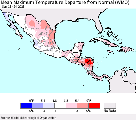 Mexico Central America and the Caribbean Mean Maximum Temperature Departure from Normal (WMO) Thematic Map For 9/18/2023 - 9/24/2023