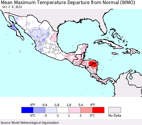 Mexico Central America and the Caribbean Mean Maximum Temperature Departure from Normal (WMO) Thematic Map For 10/2/2023 - 10/8/2023