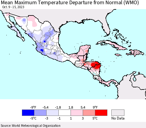 Mexico Central America and the Caribbean Mean Maximum Temperature Departure from Normal (WMO) Thematic Map For 10/9/2023 - 10/15/2023