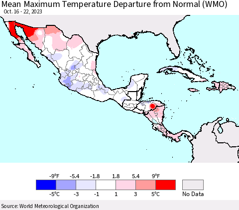 Mexico Central America and the Caribbean Mean Maximum Temperature Departure from Normal (WMO) Thematic Map For 10/16/2023 - 10/22/2023
