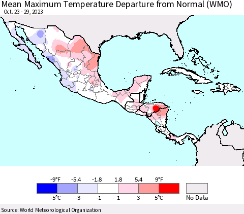 Mexico Central America and the Caribbean Mean Maximum Temperature Departure from Normal (WMO) Thematic Map For 10/23/2023 - 10/29/2023