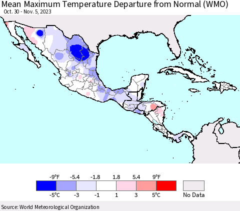 Mexico Central America and the Caribbean Mean Maximum Temperature Departure from Normal (WMO) Thematic Map For 10/30/2023 - 11/5/2023