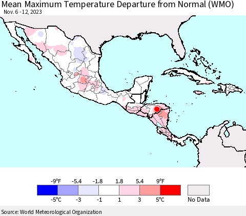 Mexico Central America and the Caribbean Mean Maximum Temperature Departure from Normal (WMO) Thematic Map For 11/6/2023 - 11/12/2023