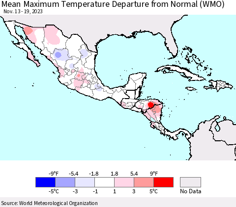 Mexico Central America and the Caribbean Mean Maximum Temperature Departure from Normal (WMO) Thematic Map For 11/13/2023 - 11/19/2023
