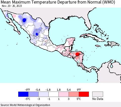 Mexico Central America and the Caribbean Mean Maximum Temperature Departure from Normal (WMO) Thematic Map For 11/20/2023 - 11/26/2023