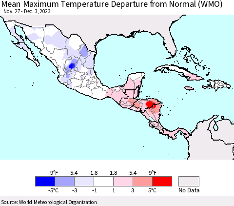 Mexico Central America and the Caribbean Mean Maximum Temperature Departure from Normal (WMO) Thematic Map For 11/27/2023 - 12/3/2023