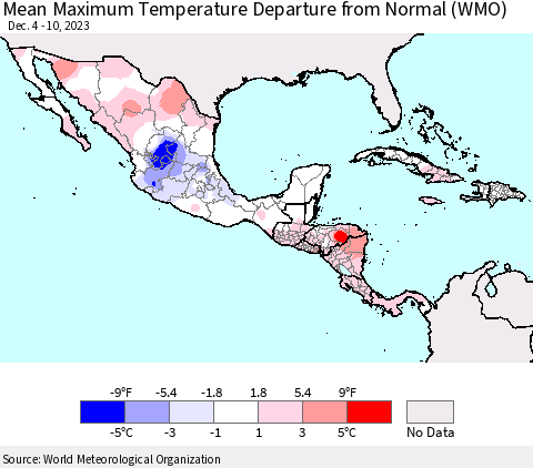 Mexico Central America and the Caribbean Mean Maximum Temperature Departure from Normal (WMO) Thematic Map For 12/4/2023 - 12/10/2023