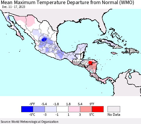 Mexico Central America and the Caribbean Mean Maximum Temperature Departure from Normal (WMO) Thematic Map For 12/11/2023 - 12/17/2023