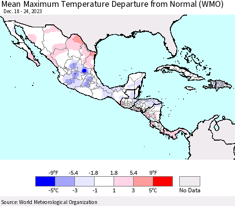 Mexico Central America and the Caribbean Mean Maximum Temperature Departure from Normal (WMO) Thematic Map For 12/18/2023 - 12/24/2023