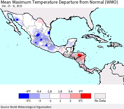 Mexico Central America and the Caribbean Mean Maximum Temperature Departure from Normal (WMO) Thematic Map For 12/25/2023 - 12/31/2023