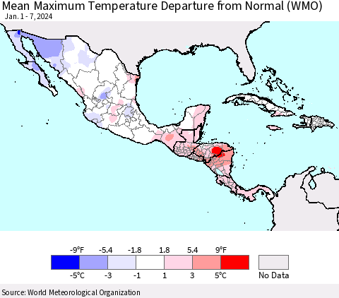 Mexico Central America and the Caribbean Mean Maximum Temperature Departure from Normal (WMO) Thematic Map For 1/1/2024 - 1/7/2024
