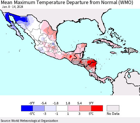 Mexico Central America and the Caribbean Mean Maximum Temperature Departure from Normal (WMO) Thematic Map For 1/8/2024 - 1/14/2024