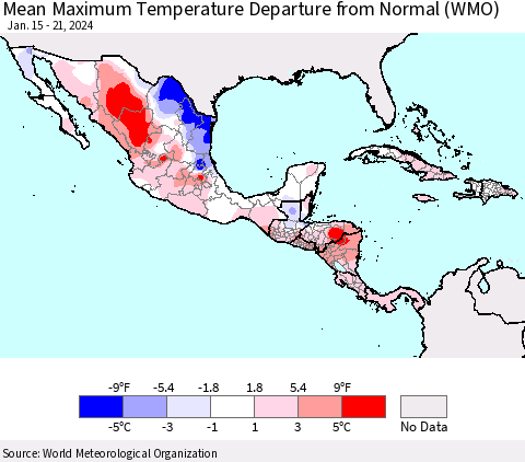 Mexico Central America and the Caribbean Mean Maximum Temperature Departure from Normal (WMO) Thematic Map For 1/15/2024 - 1/21/2024