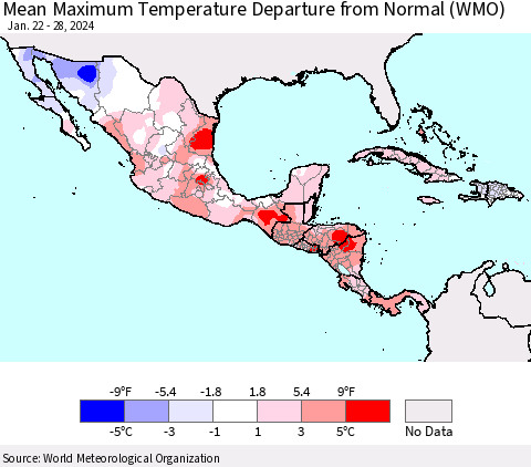 Mexico Central America and the Caribbean Mean Maximum Temperature Departure from Normal (WMO) Thematic Map For 1/22/2024 - 1/28/2024