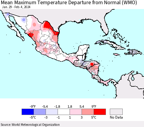 Mexico Central America and the Caribbean Mean Maximum Temperature Departure from Normal (WMO) Thematic Map For 1/29/2024 - 2/4/2024