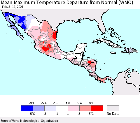 Mexico Central America and the Caribbean Mean Maximum Temperature Departure from Normal (WMO) Thematic Map For 2/5/2024 - 2/11/2024