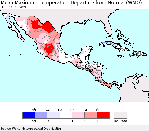 Mexico Central America and the Caribbean Mean Maximum Temperature Departure from Normal (WMO) Thematic Map For 2/19/2024 - 2/25/2024
