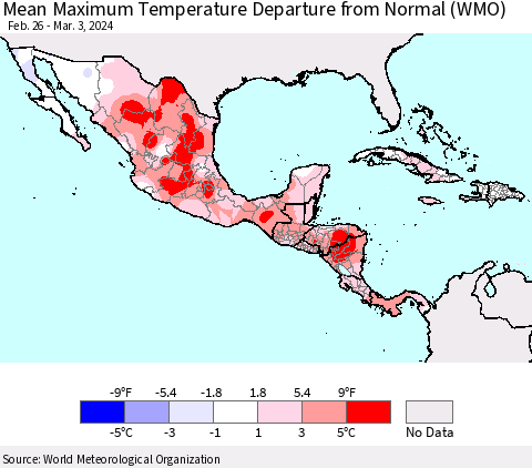 Mexico Central America and the Caribbean Mean Maximum Temperature Departure from Normal (WMO) Thematic Map For 2/26/2024 - 3/3/2024