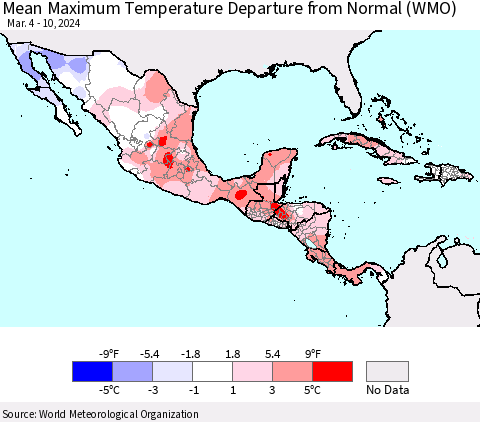 Mexico Central America and the Caribbean Mean Maximum Temperature Departure from Normal (WMO) Thematic Map For 3/4/2024 - 3/10/2024