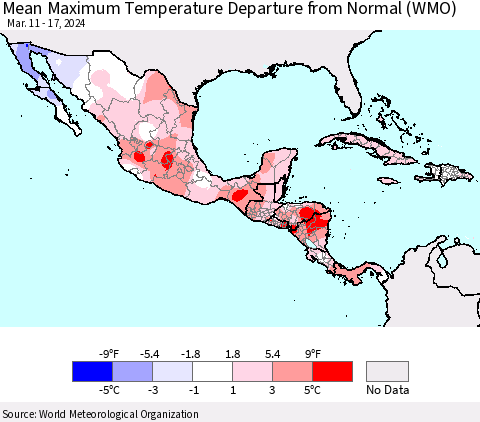 Mexico Central America and the Caribbean Mean Maximum Temperature Departure from Normal (WMO) Thematic Map For 3/11/2024 - 3/17/2024