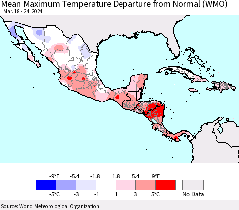 Mexico Central America and the Caribbean Mean Maximum Temperature Departure from Normal (WMO) Thematic Map For 3/18/2024 - 3/24/2024