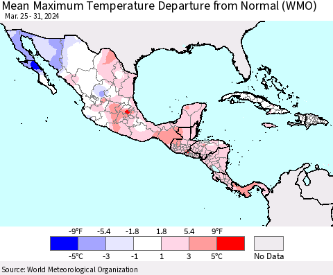 Mexico Central America and the Caribbean Mean Maximum Temperature Departure from Normal (WMO) Thematic Map For 3/25/2024 - 3/31/2024