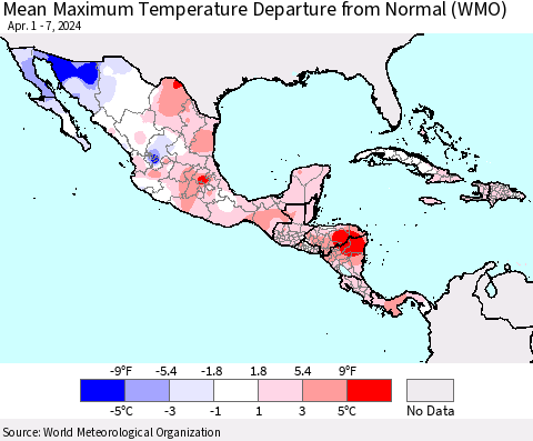 Mexico Central America and the Caribbean Mean Maximum Temperature Departure from Normal (WMO) Thematic Map For 4/1/2024 - 4/7/2024