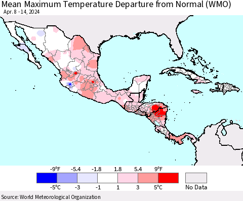 Mexico Central America and the Caribbean Mean Maximum Temperature Departure from Normal (WMO) Thematic Map For 4/8/2024 - 4/14/2024