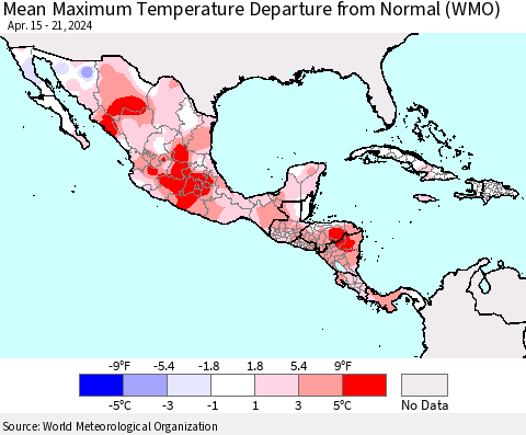 Mexico Central America and the Caribbean Mean Maximum Temperature Departure from Normal (WMO) Thematic Map For 4/15/2024 - 4/21/2024
