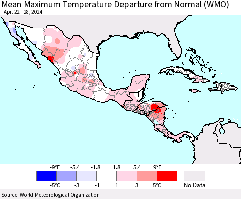 Mexico Central America and the Caribbean Mean Maximum Temperature Departure from Normal (WMO) Thematic Map For 4/22/2024 - 4/28/2024