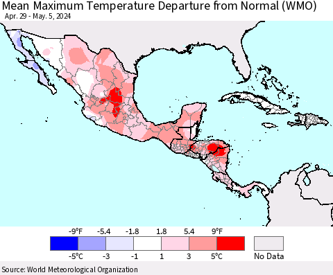 Mexico Central America and the Caribbean Mean Maximum Temperature Departure from Normal (WMO) Thematic Map For 4/29/2024 - 5/5/2024