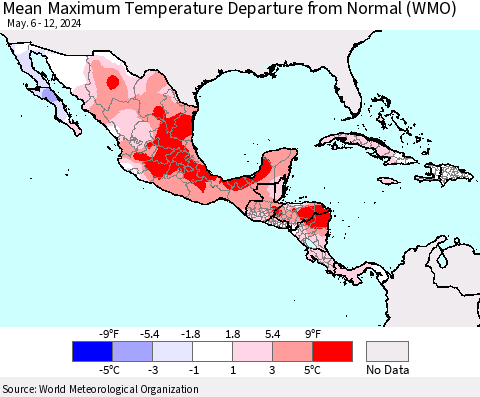 Mexico Central America and the Caribbean Mean Maximum Temperature Departure from Normal (WMO) Thematic Map For 5/6/2024 - 5/12/2024