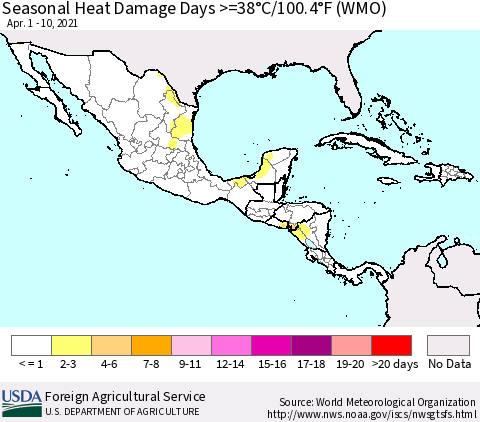 Mexico Central America and the Caribbean Seasonal Heat Damage Days >=38°C/100°F (WMO) Thematic Map For 4/1/2021 - 4/10/2021