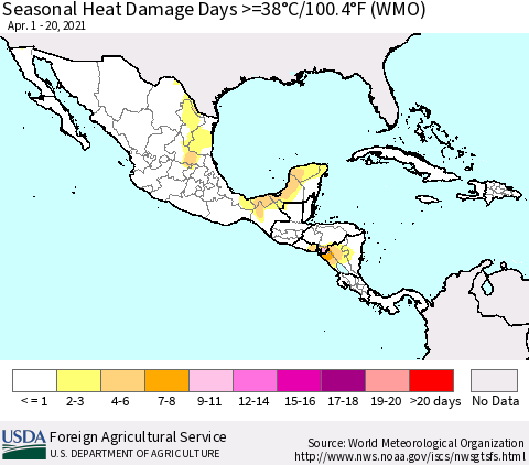 Mexico Central America and the Caribbean Seasonal Heat Damage Days >=38°C/100°F (WMO) Thematic Map For 4/1/2021 - 4/20/2021