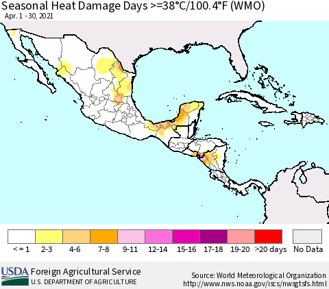 Mexico Central America and the Caribbean Seasonal Heat Damage Days >=38°C/100°F (WMO) Thematic Map For 4/1/2021 - 4/30/2021