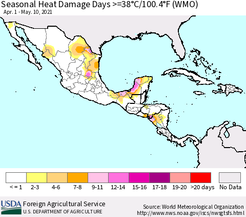 Mexico Central America and the Caribbean Seasonal Heat Damage Days >=38°C/100°F (WMO) Thematic Map For 4/1/2021 - 5/10/2021