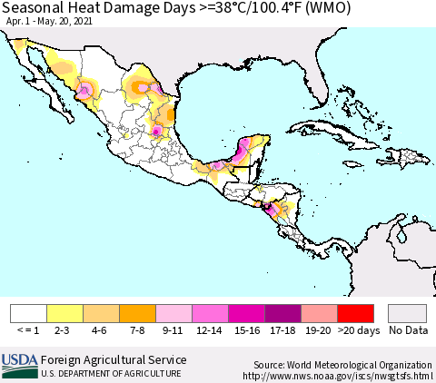 Mexico Central America and the Caribbean Seasonal Heat Damage Days >=38°C/100°F (WMO) Thematic Map For 4/1/2021 - 5/20/2021