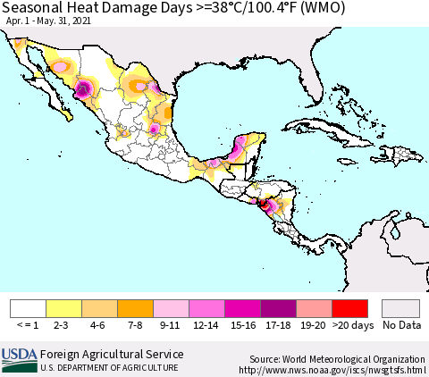 Mexico Central America and the Caribbean Seasonal Heat Damage Days >=38°C/100°F (WMO) Thematic Map For 4/1/2021 - 5/31/2021