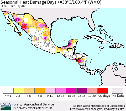 Mexico Central America and the Caribbean Seasonal Heat Damage Days >=38°C/100°F (WMO) Thematic Map For 4/1/2021 - 6/10/2021