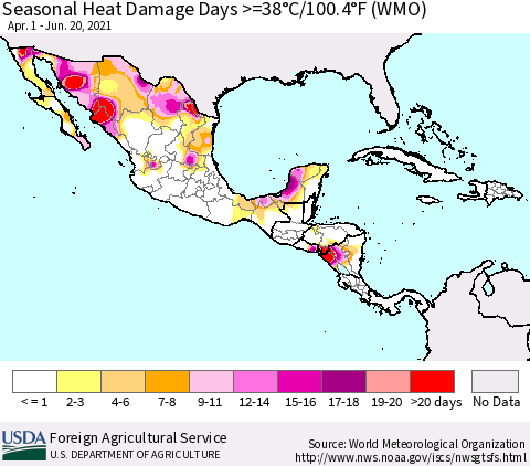Mexico Central America and the Caribbean Seasonal Heat Damage Days >=38°C/100°F (WMO) Thematic Map For 4/1/2021 - 6/20/2021