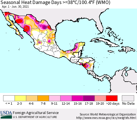 Mexico Central America and the Caribbean Seasonal Heat Damage Days >=38°C/100°F (WMO) Thematic Map For 4/1/2021 - 6/30/2021